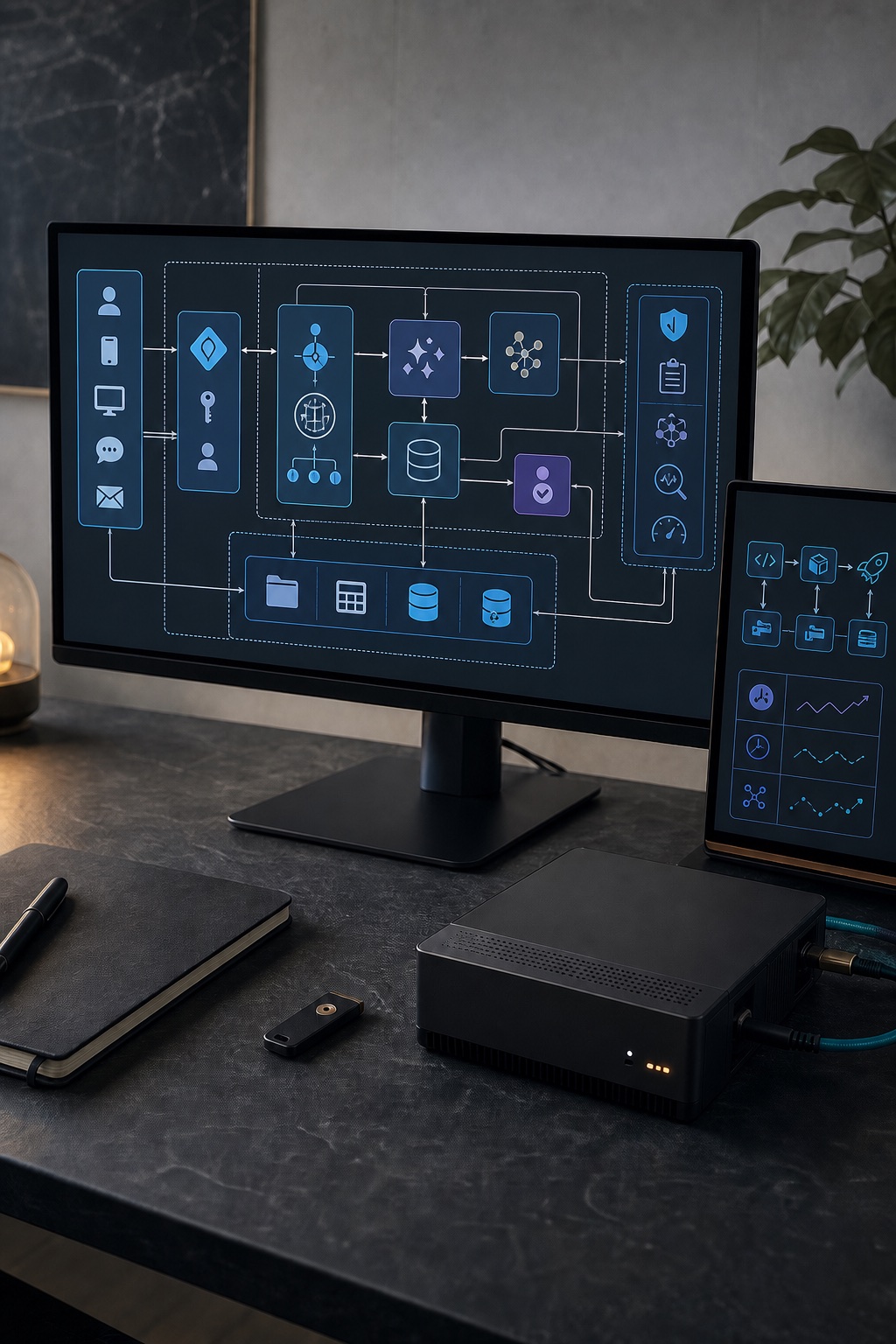 Workstation with an Azure enterprise AI architecture, deployment flow, security key, and compact computer